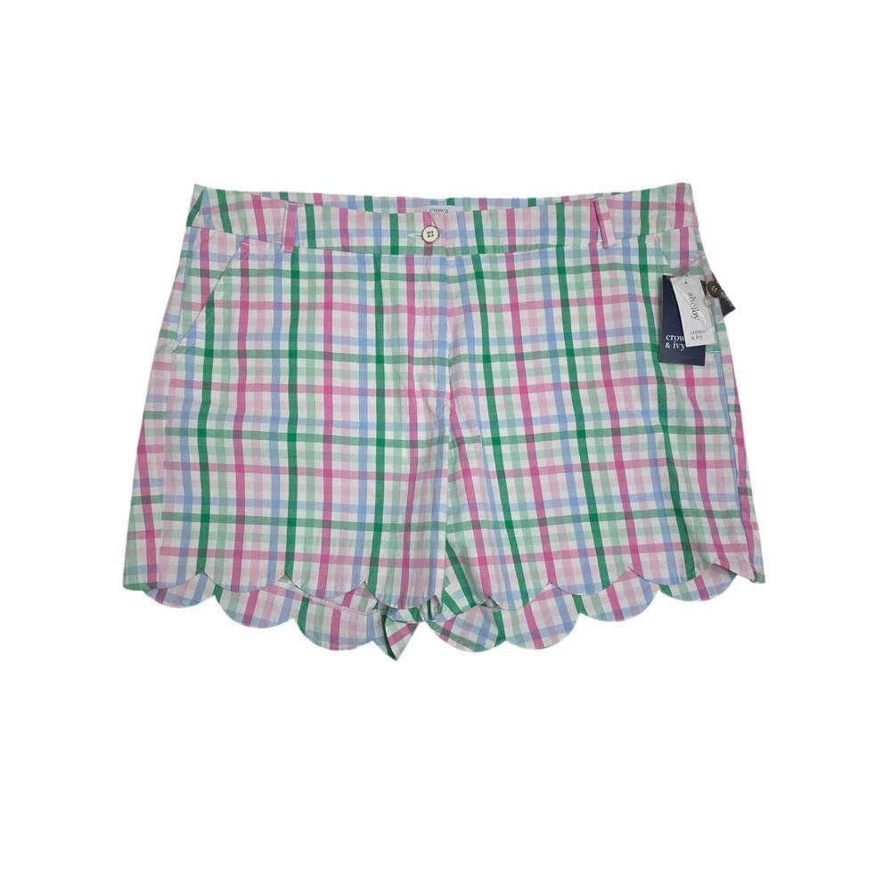 Crown & Ivy NEW Shelby Plaid Scalloped Hem Shorts Pink Blue Green White Size 20W